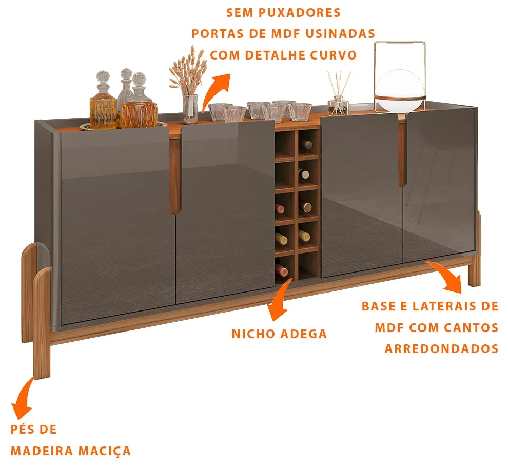 Aparador Buffet 4 Portas Belle 190 cm Cinza Pérola e Cedro Adega