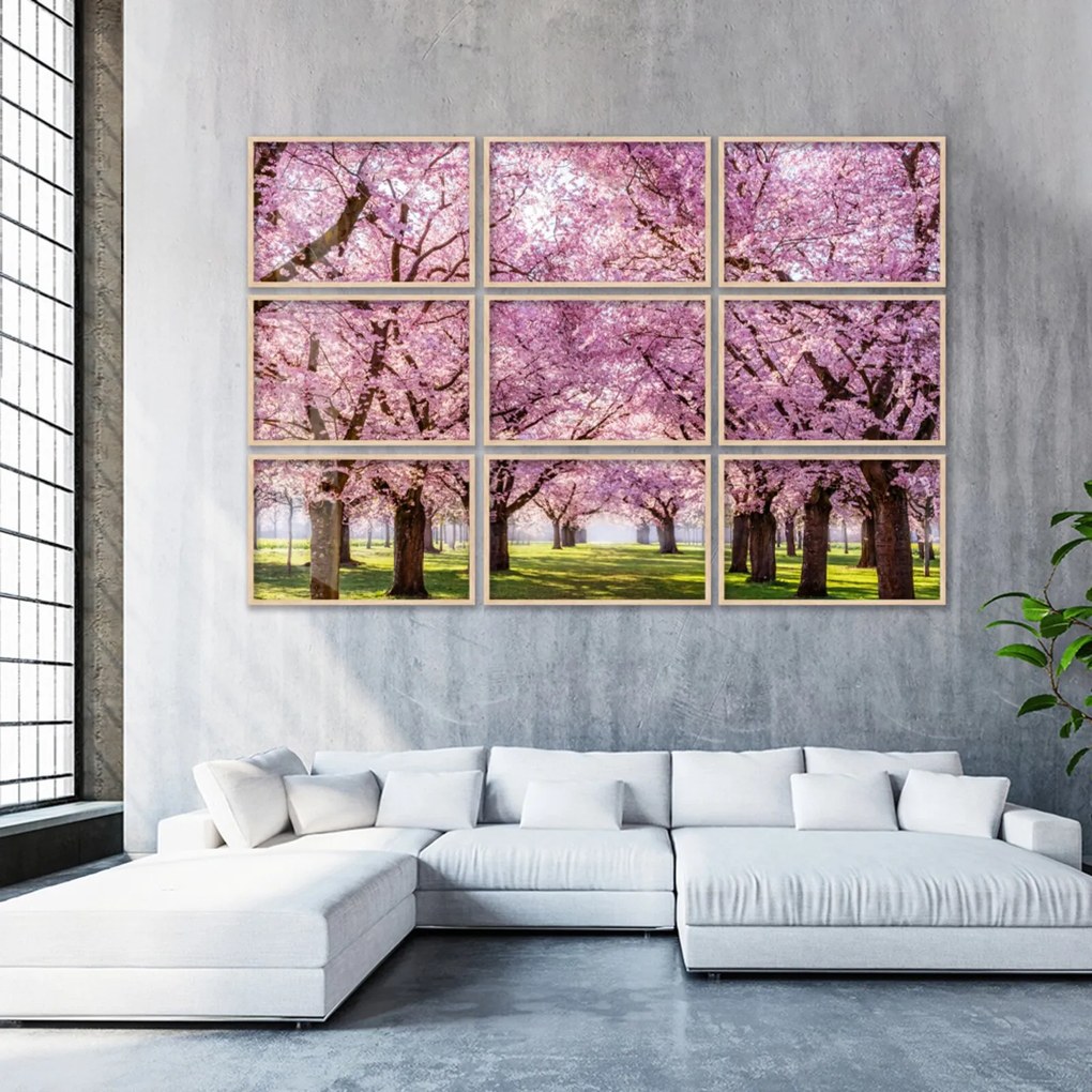 Quadro 90x120cm Painel Sakura Cerejeiras Rosas Moldura Natural