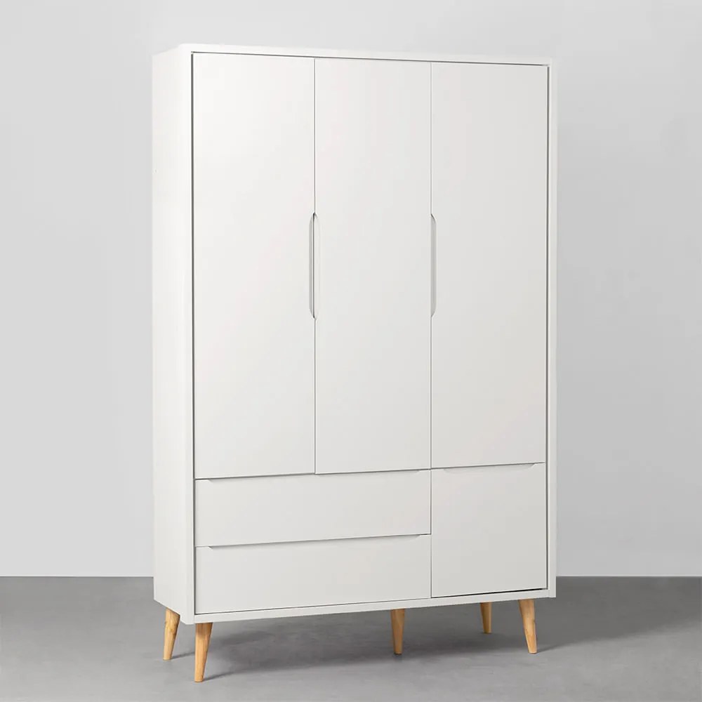 Guarda-Roupa Theo 3 portas Com Pé Retrô em Madeira Natural - Branco Fosco