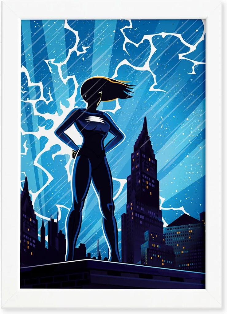 Quadro Super Heróis Geek Azul Chuva Moldura Branca 22x32cm