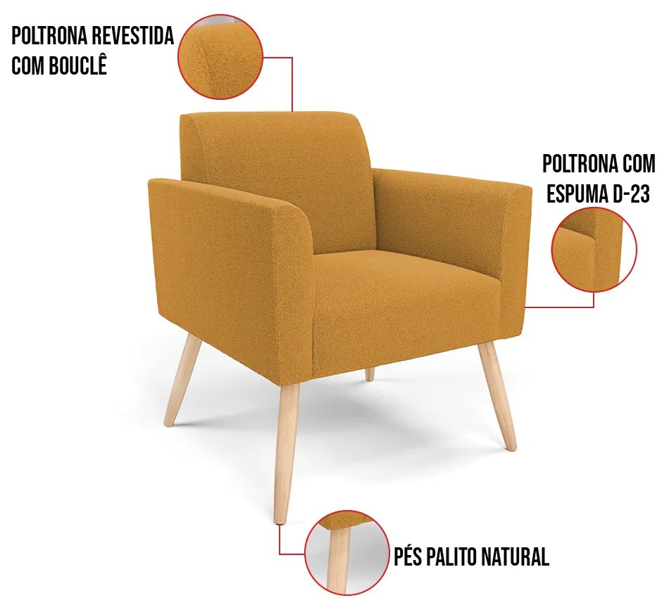 Namoradeira e 2 Poltronas Pé Palito Natural Marisa Bouclê D03 - D'Rossi - Mostarda