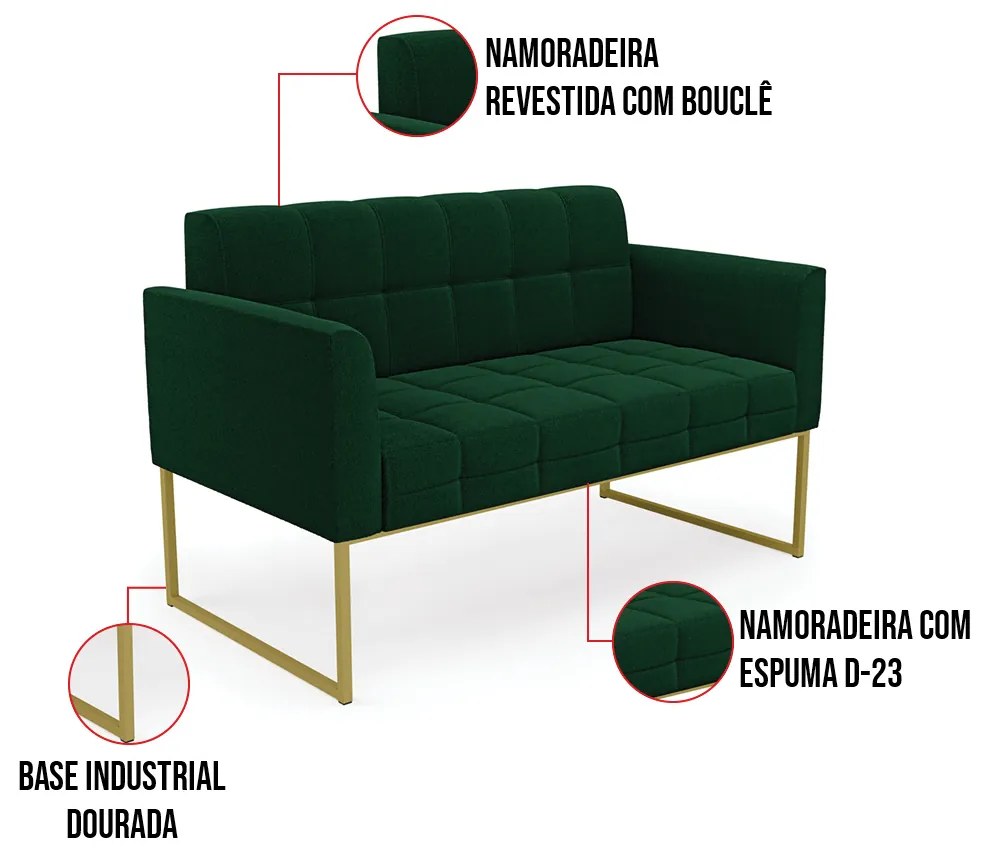 Namoradeira e 2 Poltronas Industrial Dourado Elisa Bouclê Verde D03 - D'Rossi