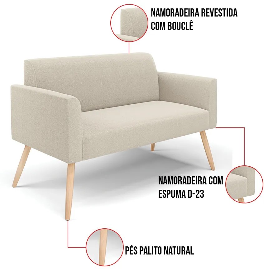 Sofá 2 Lugares Namoradeira Pé Palito Natural Marisa Bouclê Bege D03 - D'Rossi