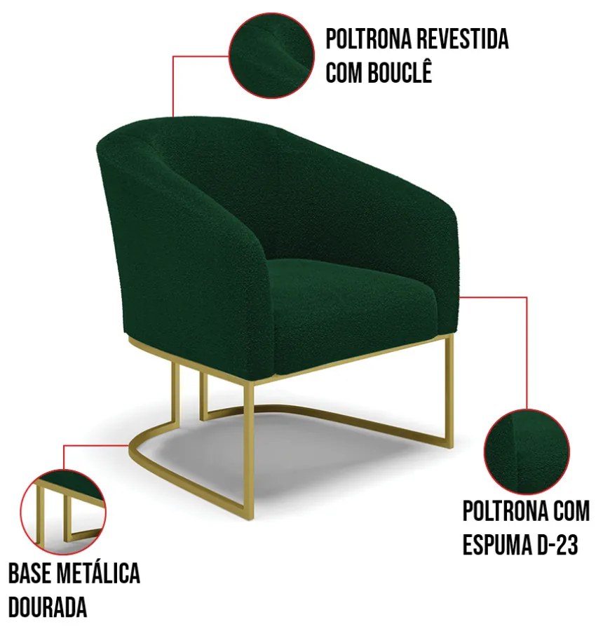 Poltrona Decorativa Base Industrial Dourado Stella Bouclê Verde D03 - D'Rossi