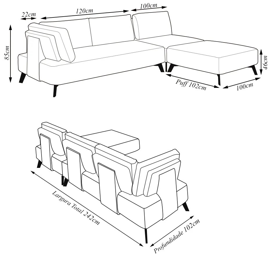 Sofá de Canto Modulado 242cm Sabrina Pés em Aço com Puff Bouclê Off White G52 - Gran Belo