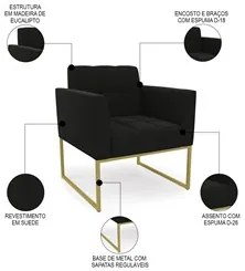 Poltrona Decorativa Base Industrial Dourado Ana Suede Preto - Ibiza