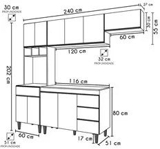 Cozinha Modulada 4 Peças Balcão com Tampo 120cm Andréia Amêndoa/Preto