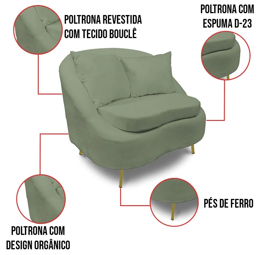 Poltrona Decorativa Orgânica Pé Ferro Dou Kit 2 Zaya Bouclê C05 - D'Rossi - Menta