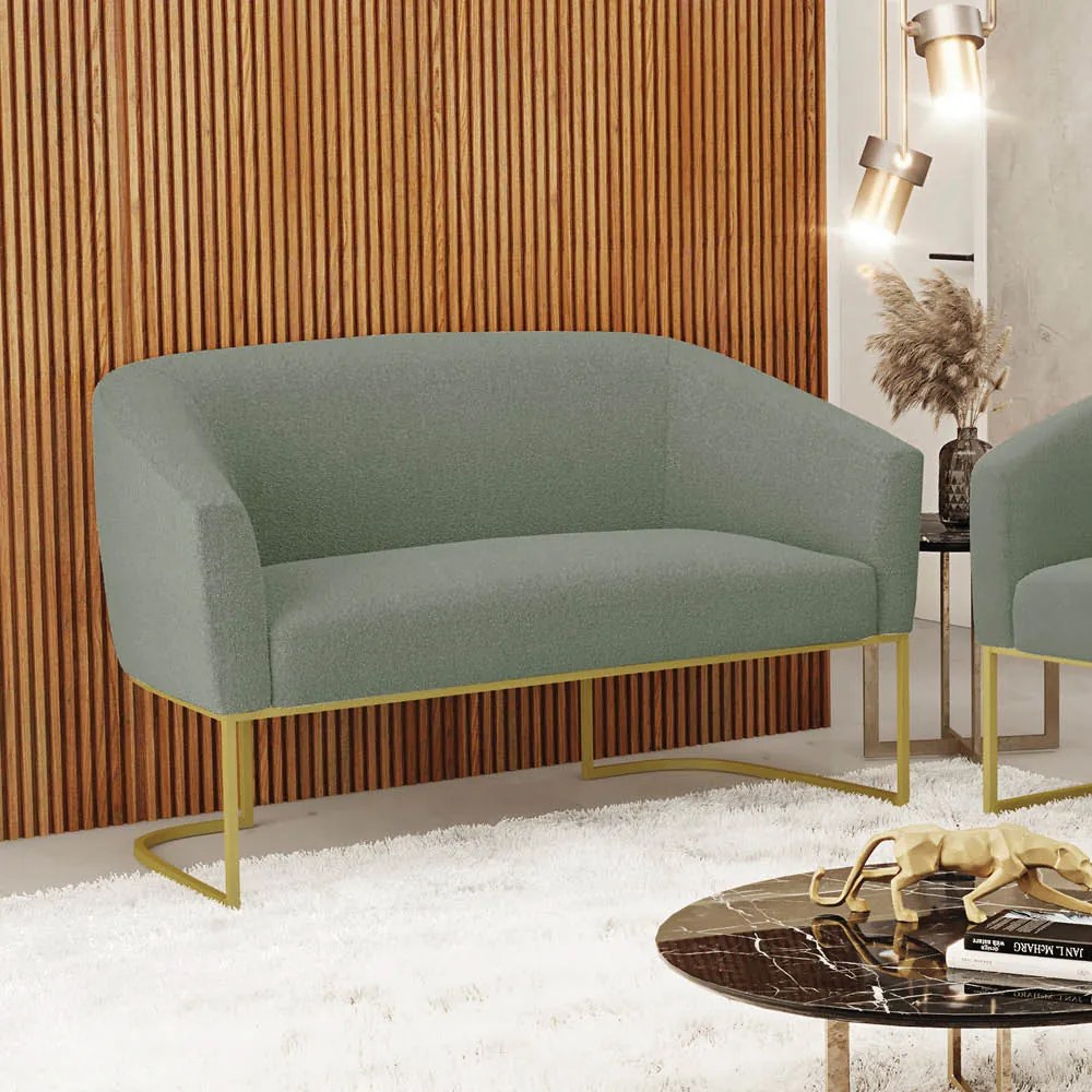 Sofá 2 Lugares Namoradeira Industrial Dourado Stella Bouclê D03 - D'Rossi - Verde Pistache