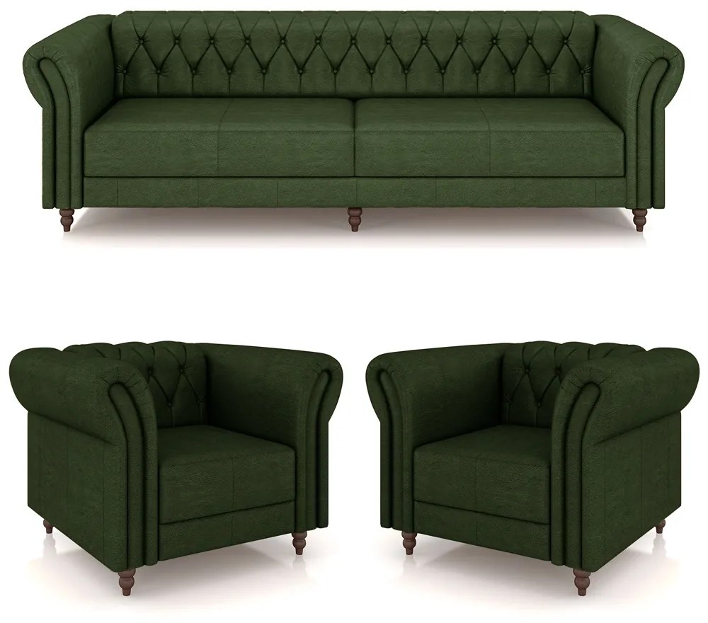 Conjunto Sala de Estar 1 Sofá Living 260cm e 2 Poltronas Stanford Chesterfield Pés Madeira Couro Verde Manchado G58 - Gran Belo