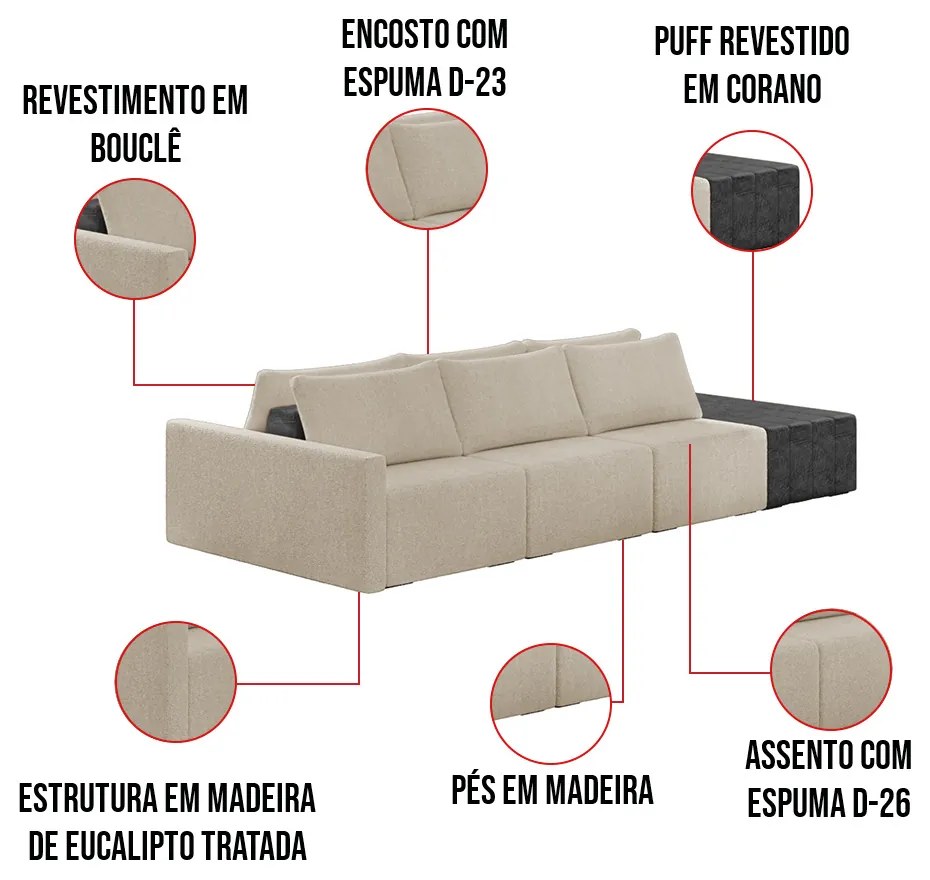 Sofá Ilha 3 Lugares Living 312cm Modulado Sala Lary Bouclê Bege/PU Pto K01 - D'Rossi