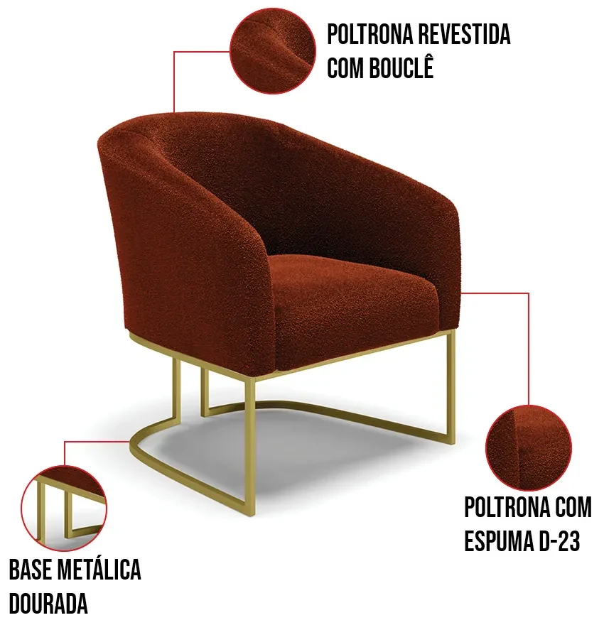 Poltrona Decorativa Industrial Dourado Stella Bouclê D03 - D'Rossi - Terra