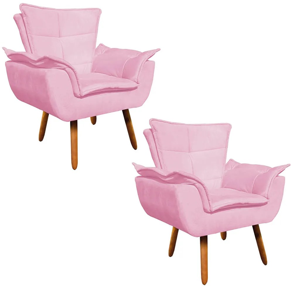 Poltrona Sala de Estar Pé Palito de Madeira Kit 2 Opala Suede Rosa Bebê D03 - D'Rossi