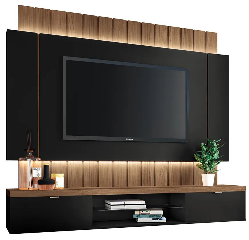 Painel Home Suspenso 1.8 para TV até 55" com Fita LED MDP/MDF Illusion Preto/Castanho G26 - HB Móveis