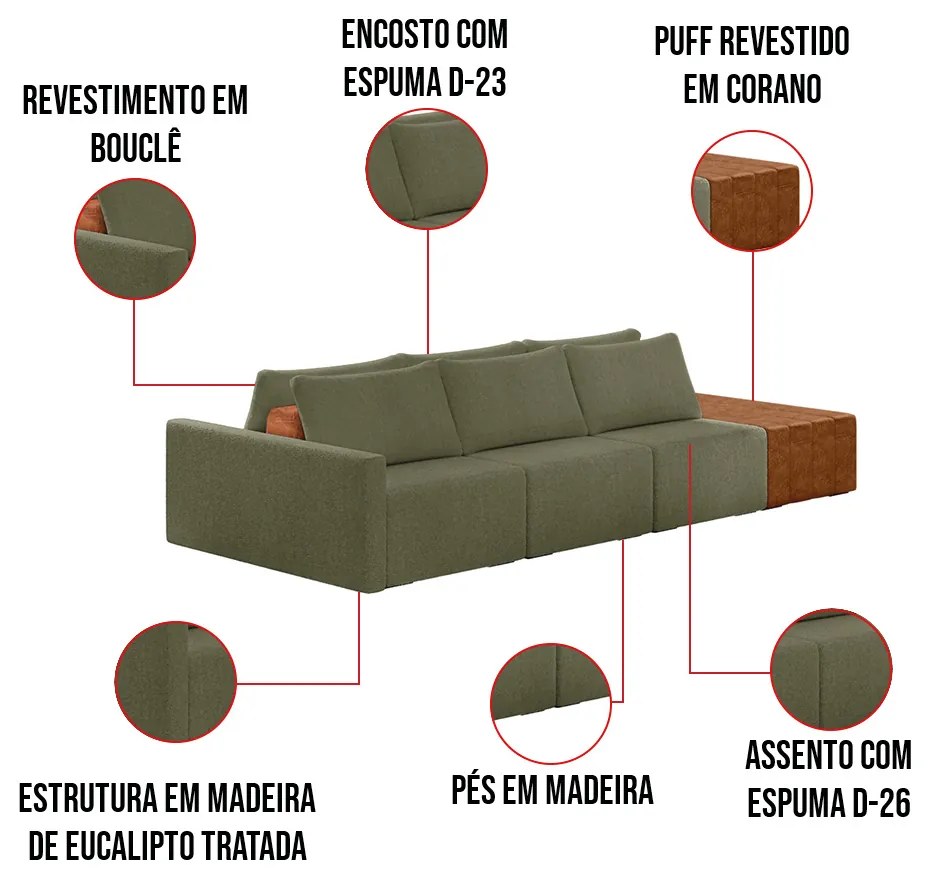 Sofá Ilha 3 Lugares Living 402cm Modulado para Sala Lary Bouclê K01 - D'Rossi - Verde