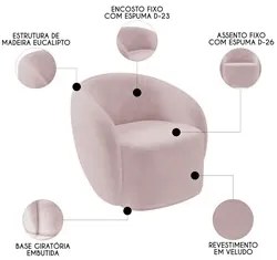 Poltrona para Sala de Estar Giratória Orgânica Garbin K04 Veludo Rosê