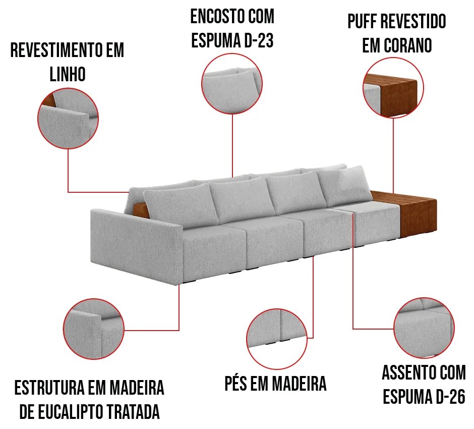 Sofá Ilha 4 Lugares Living 432cm Modulado para Sala Lary Linho K01 - D'Rossi - Cinza