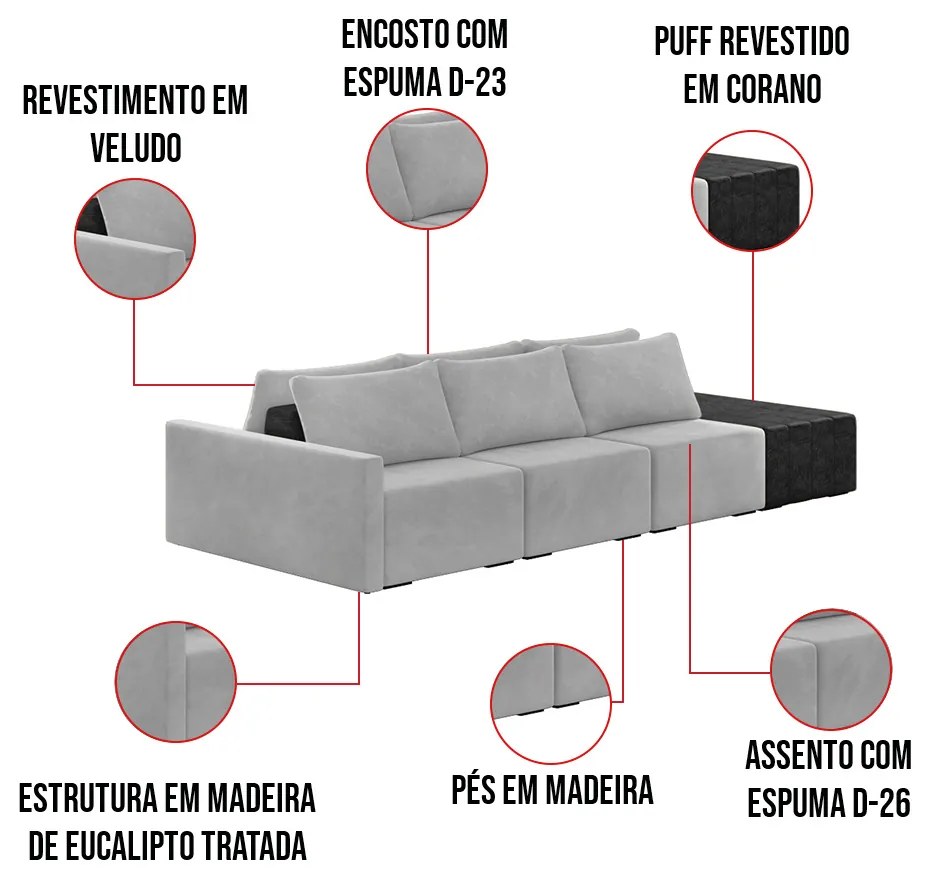 Sofá Ilha 3 Lugares Living 312cm Modulado Sala Lary Veludo/PU Pto K01 - D'Rossi - Cinza