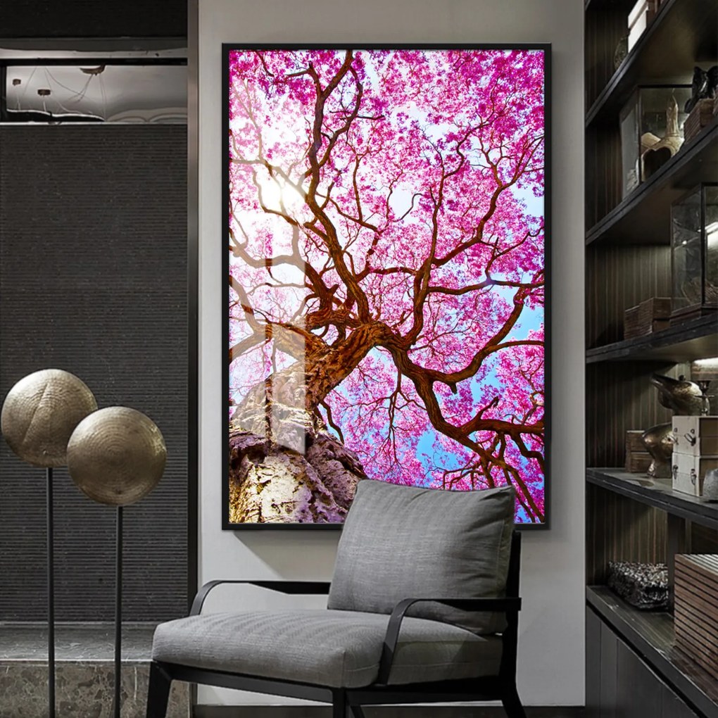 Quadro 150x100cm Flores Cerejeiras Rosas Árvore Vidro Cristal e Moldura Preta Decorativo Interiores - Oppen House