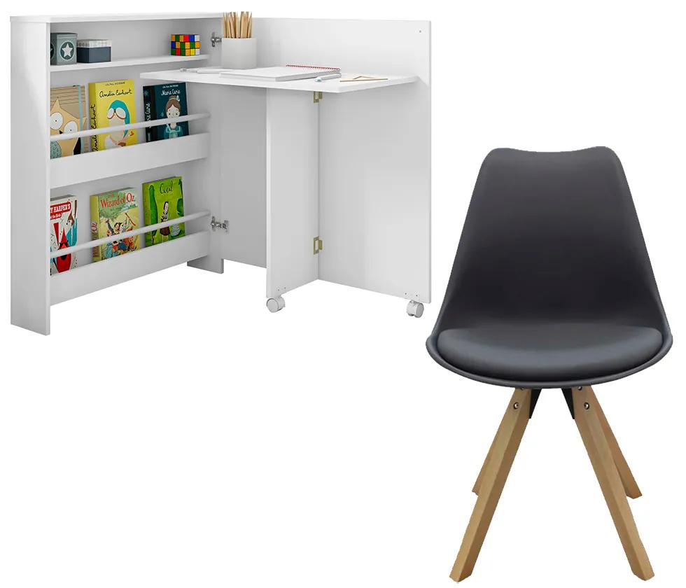 Conjunto Escrivaninha Ariana Dobrável Multifuncional e 1 Cadeira Neo Branca/Cinza - Gran Belo