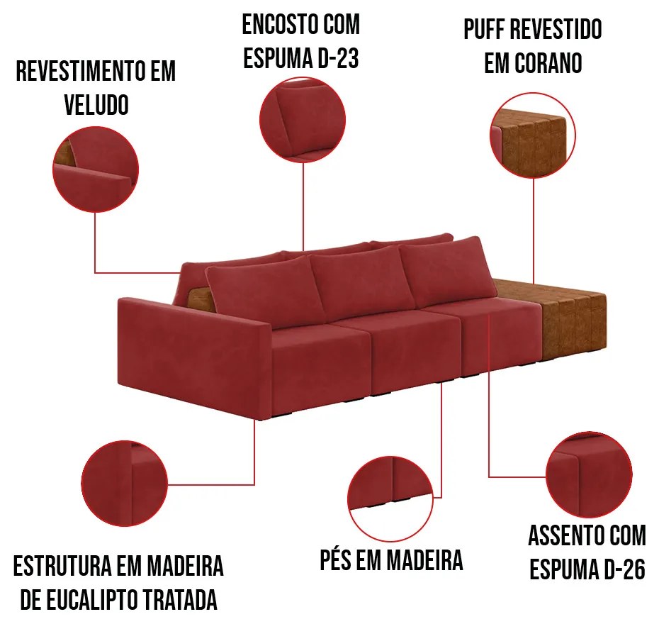 Sofá Ilha 3 Lugares Living 312cm Modulado para Sala Lary Veludo Vermelho K01 - D'Rossi