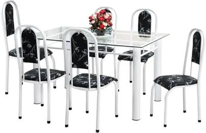 Jogo de Mesa e 6 Cadeiras Brasil Branco/Preto Floral - Marcheli