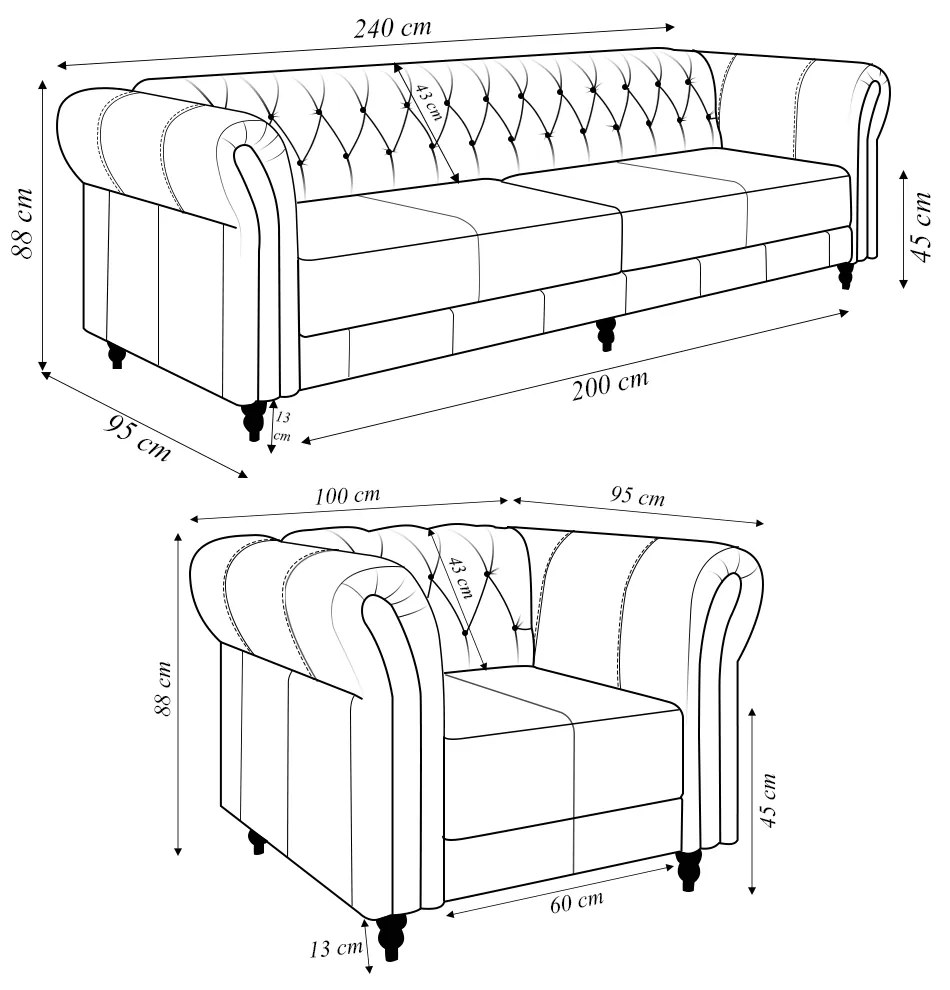 Conjunto Sala de Estar 1 Sofá Living 240cm e 1 Poltrona Stanford Chesterfield Pés Madeira Couro Fendi G58 - Gran Belo