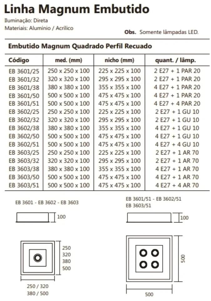 Luminária De Embutir Magnum Quadrado 50X50X10Cm 4L E27 + 04 Par20 | Us... (MR-T - Marrom Texturizado)