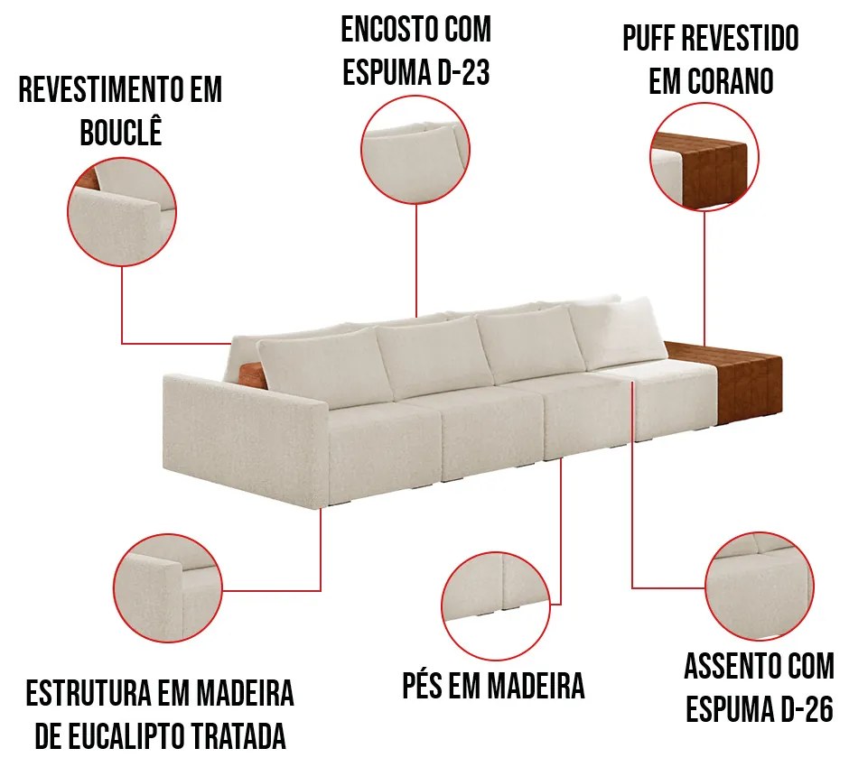 Sofá Ilha 4 Lugares Living 472cm Modulado para Sala Lary Bouclê K01 - D'Rossi - Bege