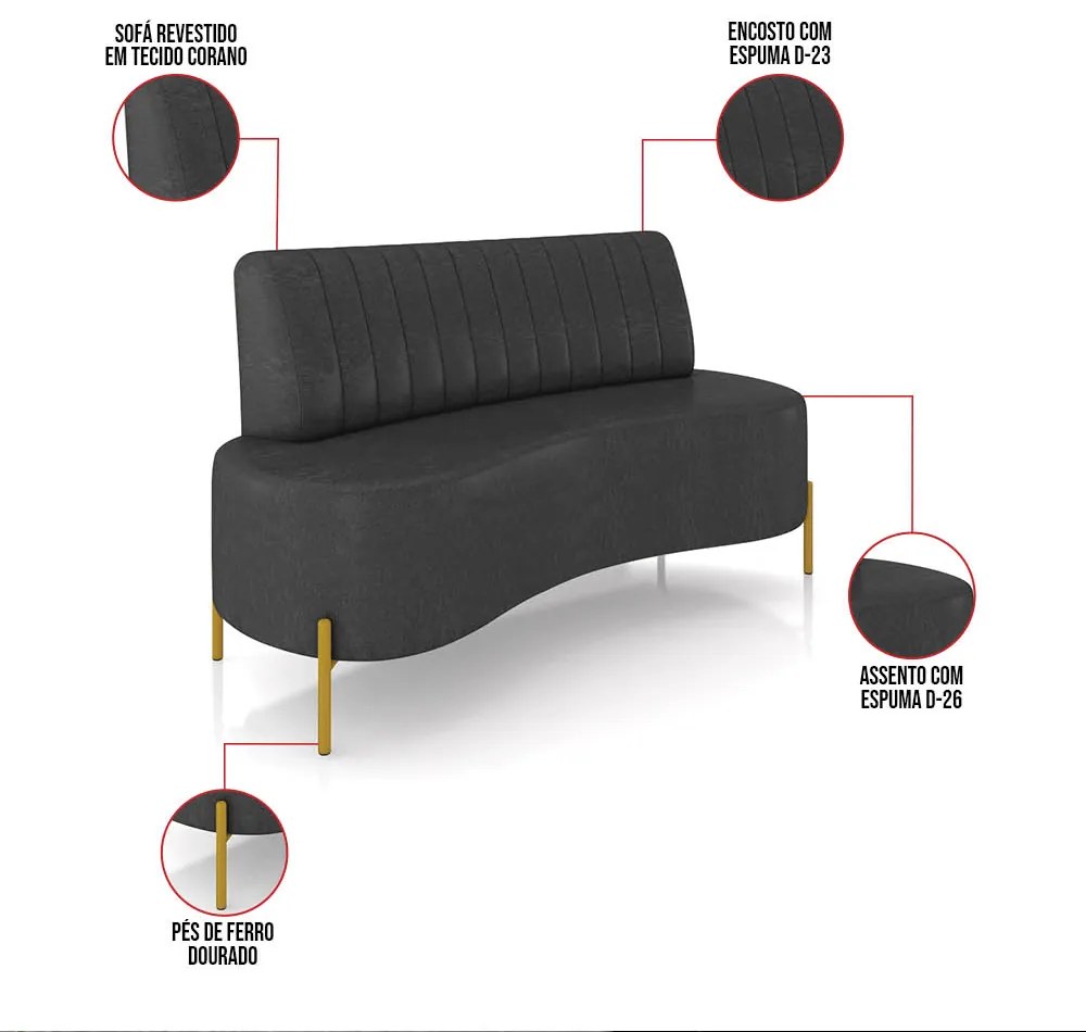 Sofá 2 Lugares Living 135cm Pé Ferro Dourado Maraú Sint PU K01 - D'Rossi - Preto