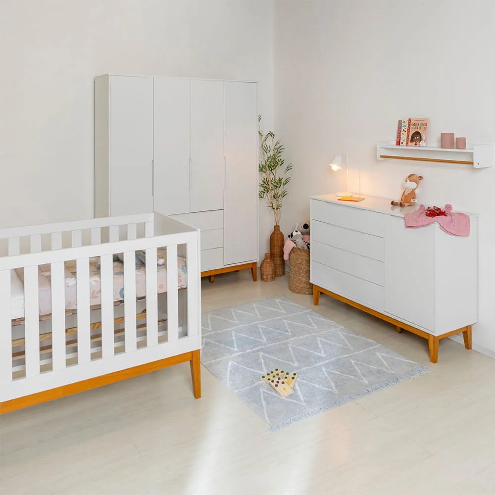 Kit Quarto Infantil com Pés Square Mel - Cômoda Elfe 4 Gavetas e 1 Porta + Guarda-Roupa Elfe + Berço Mini Cama Noah - Branco Fosco