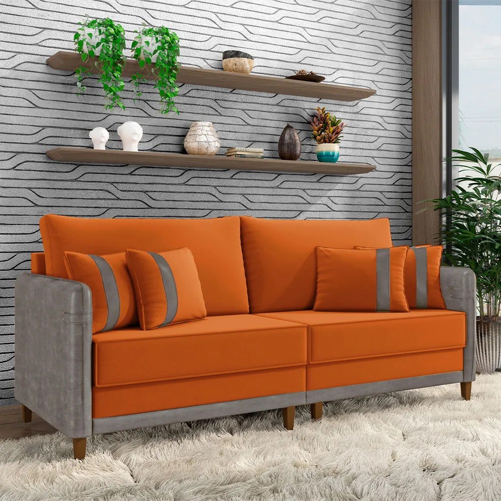 Sofá Living Montecarlo 2 Lugares Bipartido 192cm Pés em Madeira Veludo/PU Terracota/Cinza G33 - Gran Belo