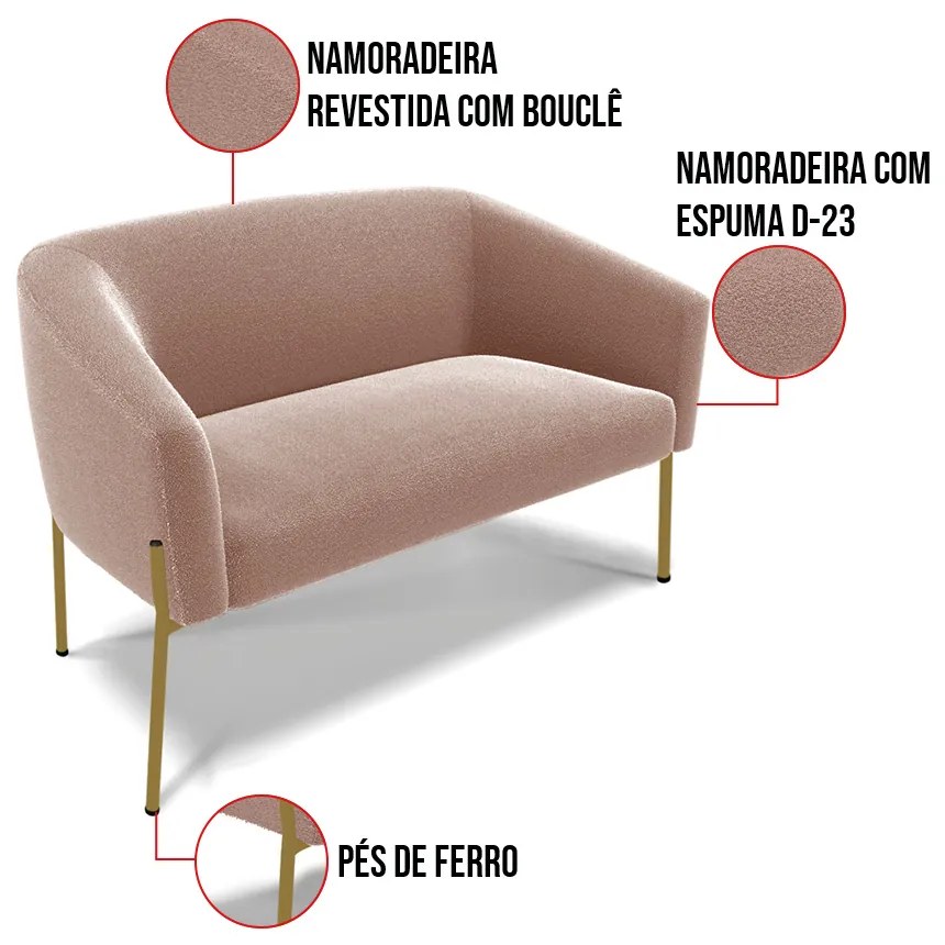 Sofá Namoradeira 2 Lugares Pé Ferro Dourado Stella Bouclê D03 - D'Rossi - Rose