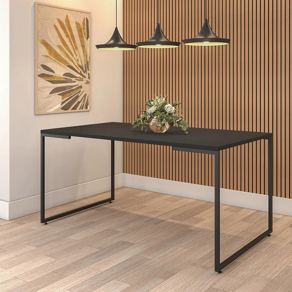 Mesa de Jantar 06 Lugares Porto 160 cm Preto Base Metálica Industrial Preto - D'Rossi