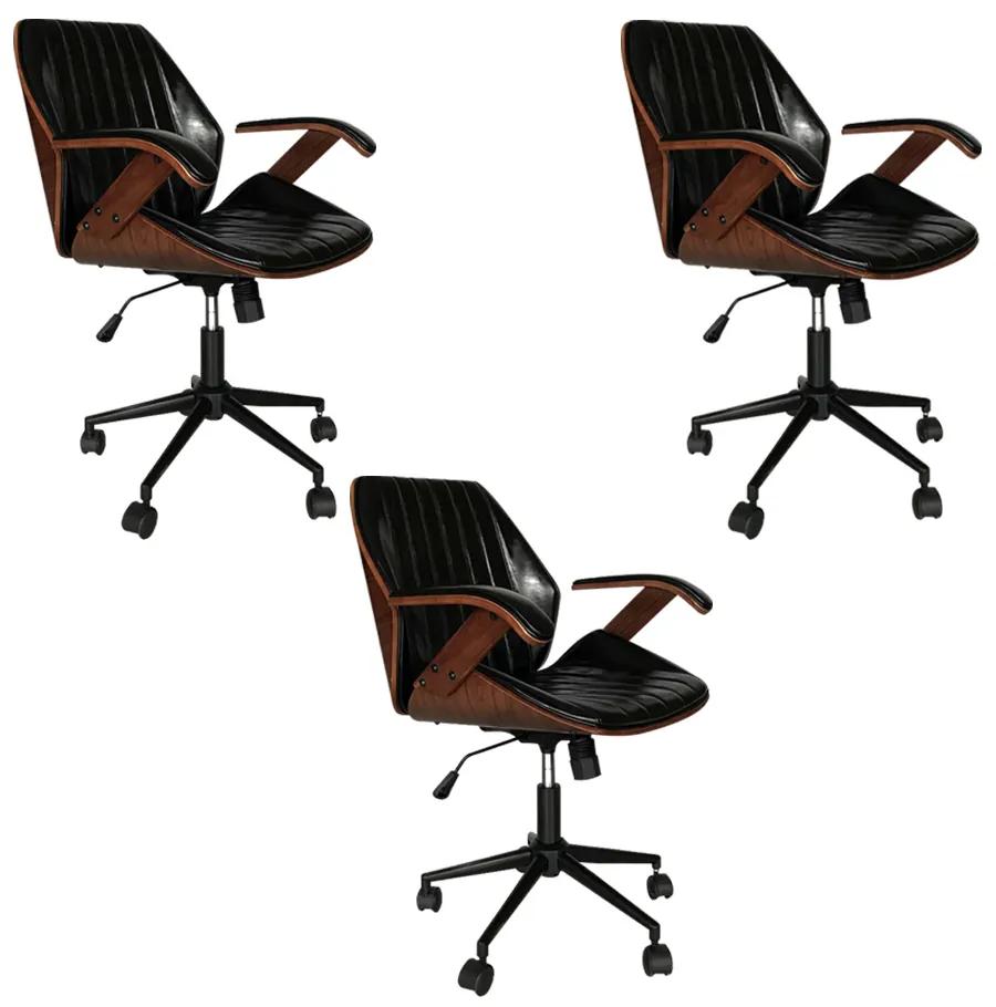 Kit 3 Cadeiras de Escritório Giratórias com Regulagem de Altura Alderaan PU Preto G56 - Gran Belo