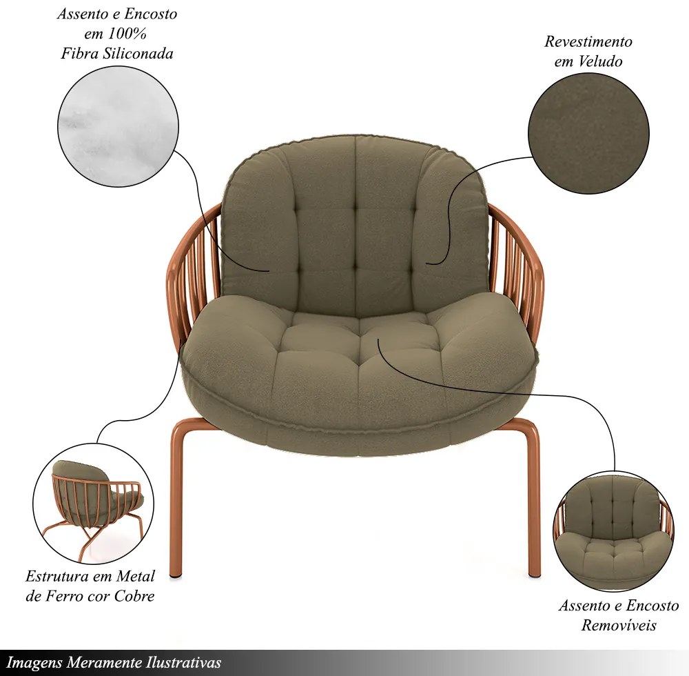 Kit 2 Poltronas Sala de Estar Base em Ferro Crokett Veludo Cobre/Castor G33 - Gran Belo