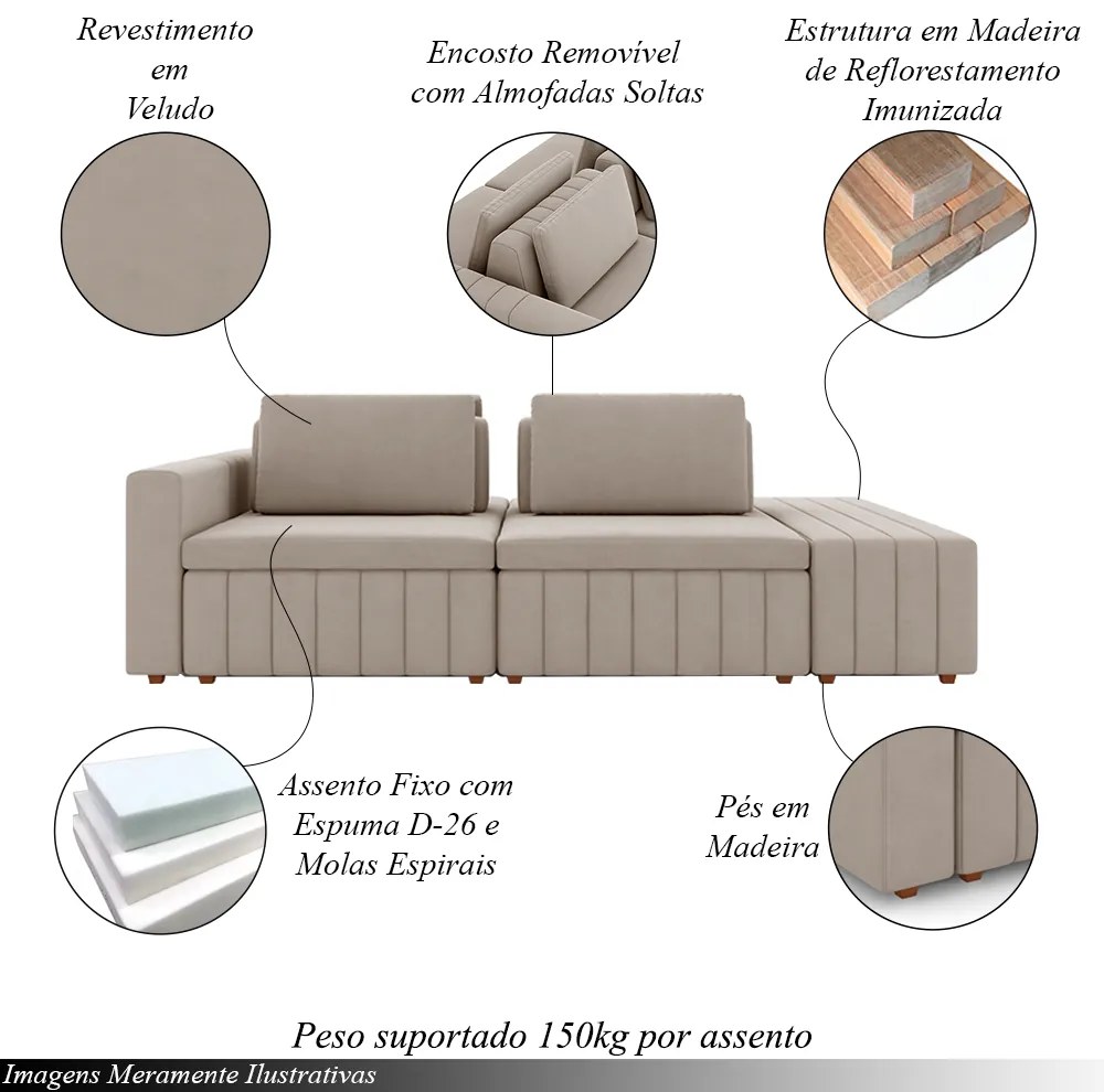 Sofá Ilha com Encosto e Almofadas Móveis Olimpo 285cm Modulado Veludo Bege G45 - Gran Belo