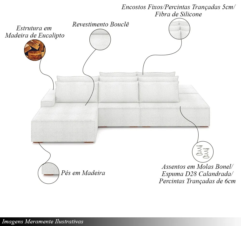 Sofá Ilha com Encosto e Almofadas Delta 415cm Modulado Chaise e Puffs Bouclê Off white G52 - Gran Belo