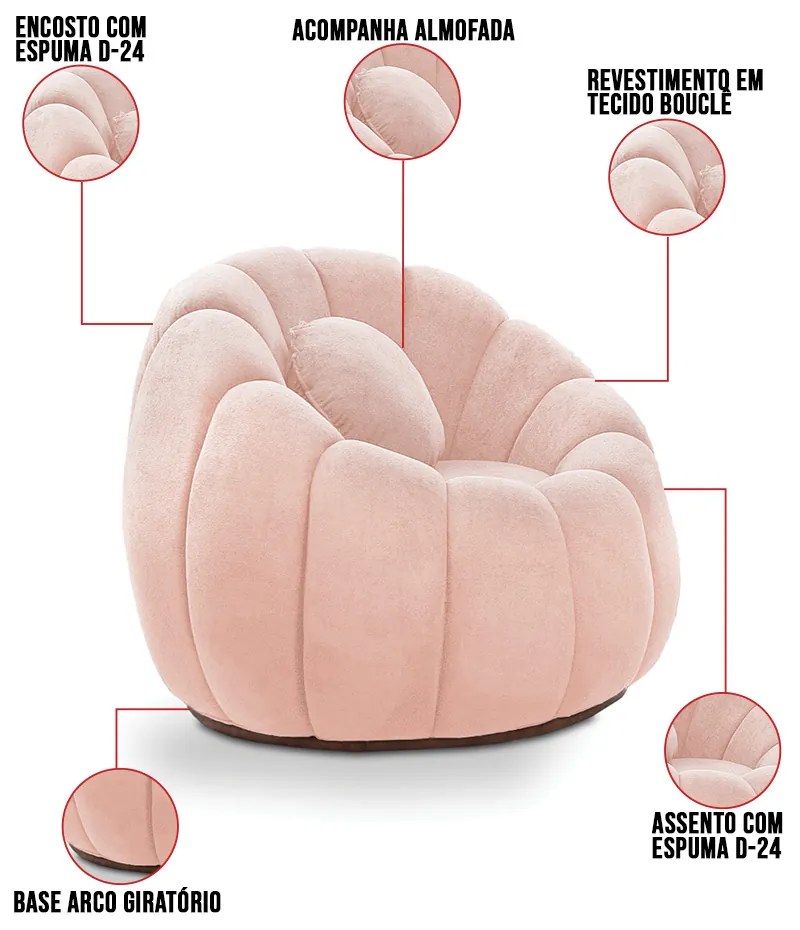 Sofá 2 Lugares com Puff e Poltrona Giratória Orgânica Cloud Bouclê E03 - D'Rossi - Rose