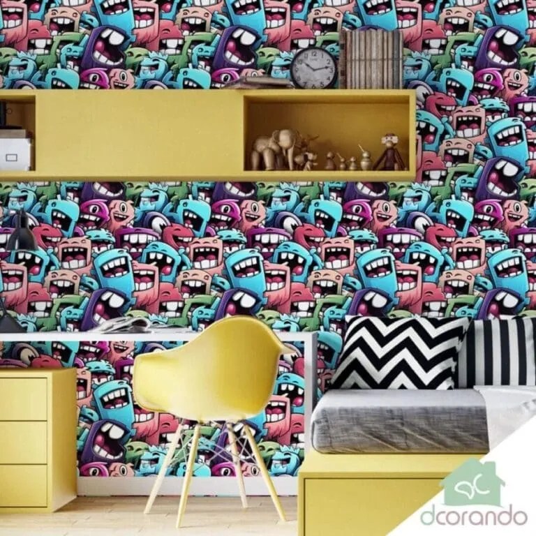 Quarto Adolescente Vibrante com Papel Monstros Coloridos