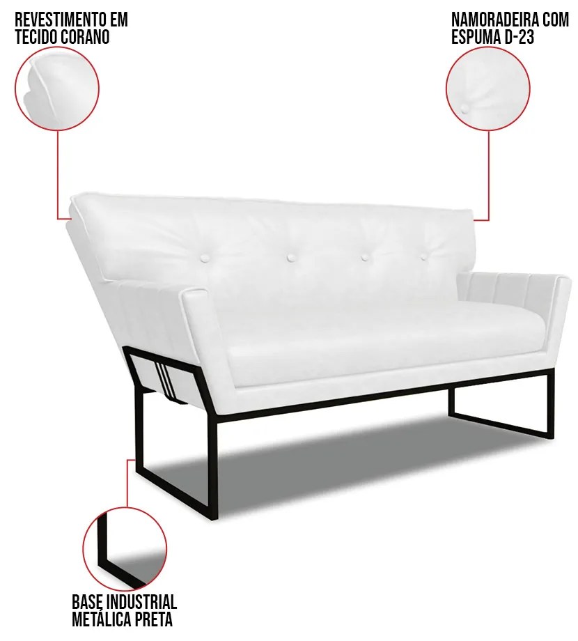 Sofá Namoradeira 2 Lug Industrial Pto Anitta Sintético PU D03 - D'Rossi - Branco