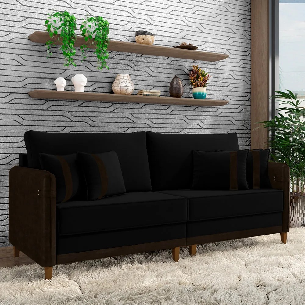 Sofá Living Montecarlo 2 Lugares Bipartido 172cm Pés em Madeira Veludo/PU Preto/Marrom G33 - Gran Belo