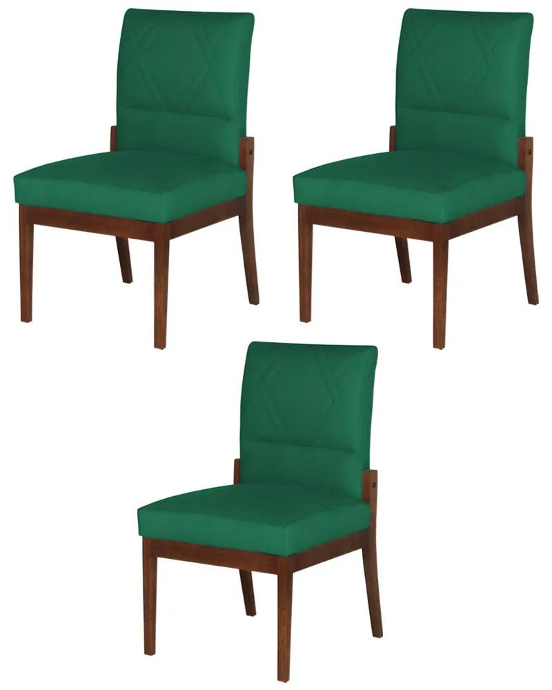 Conjunto 3 Cadeiras De Jantar Aurora Base Madeira Maciça Estofada Suede Verde Bandeira