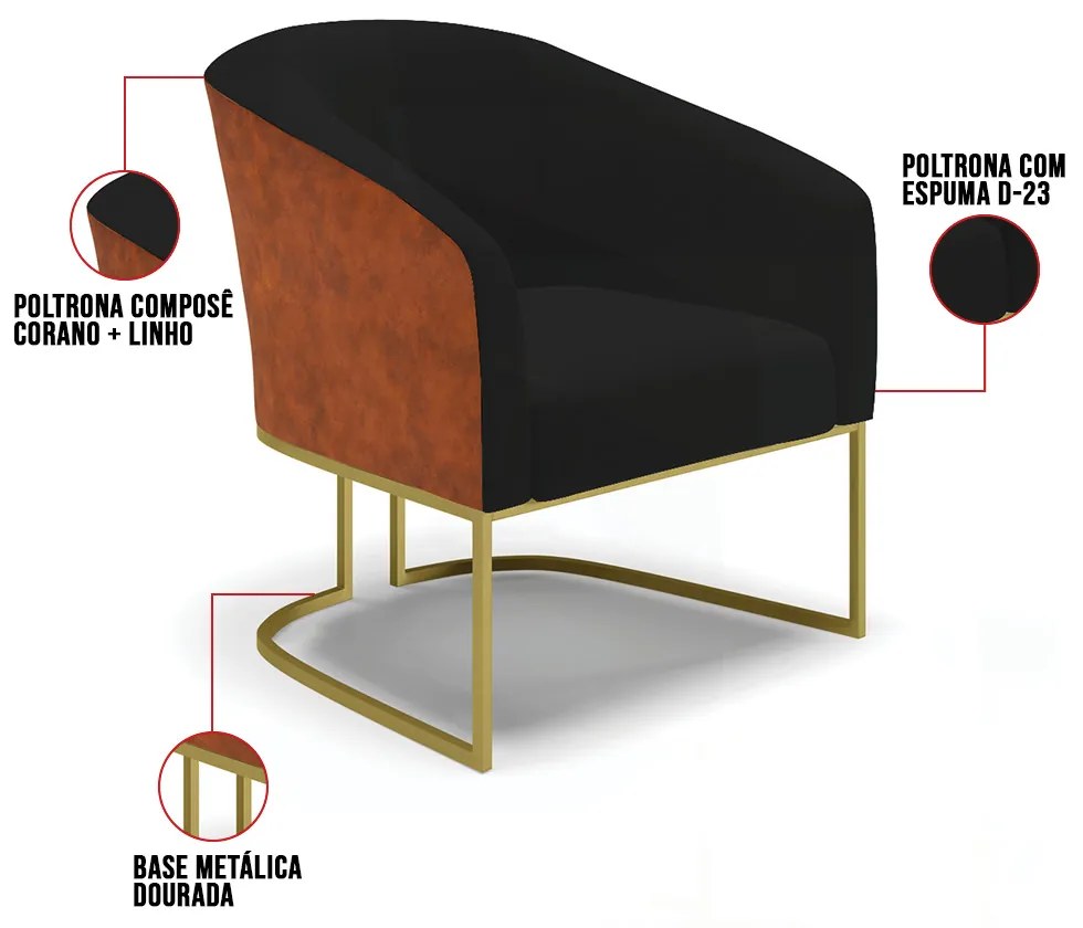 Namoradeira 2 Poltronas Industrial Dourado Stella Noz/Linho D03 - D'Rossi - Preto