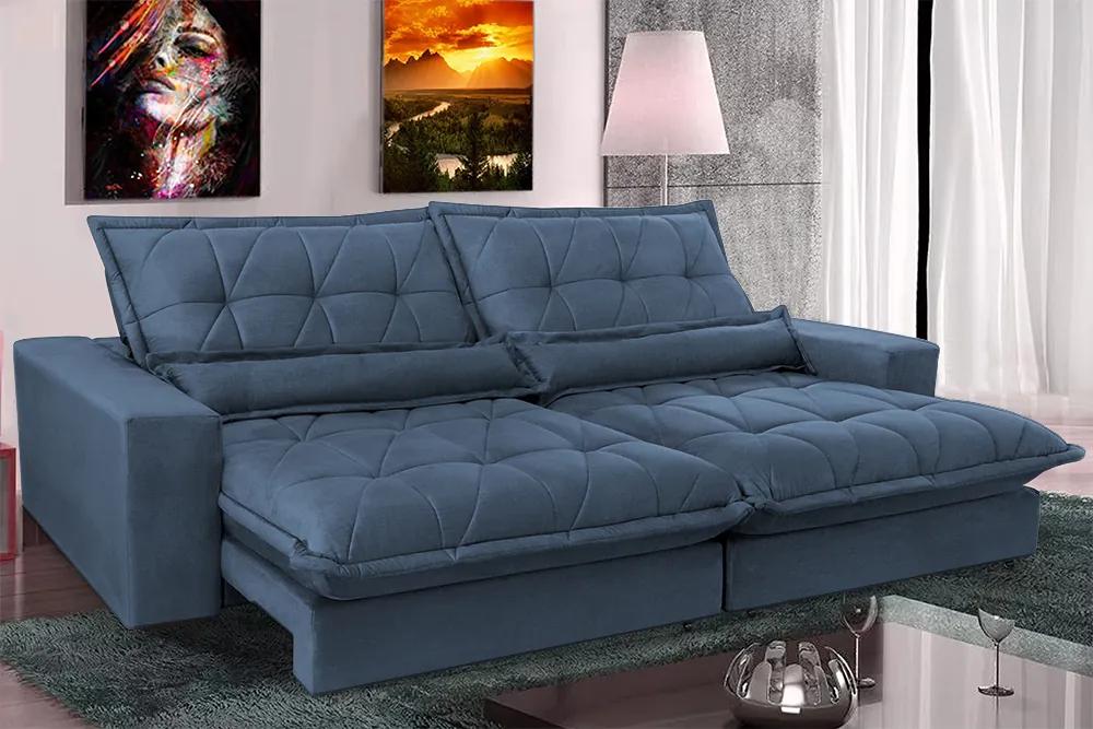 Sofa Retrátil E Reclinável 2,12m Com Molas Ensacadas Cama Inbox Soft Tecido Suede Azul