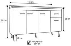 Balcão Gabinete Com Pia Inox 150cm 4 Portas Gabriela Branco/Preto - AJ