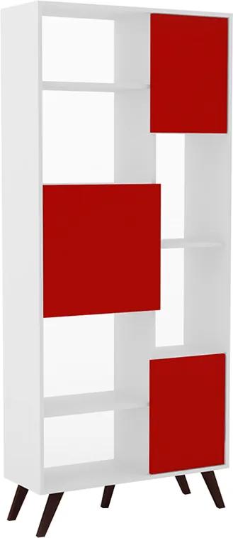 Estante Daichi C/ 3 Portas e 7 Prateleiras Branco / Vermelho