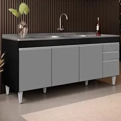 Balcão Gabinete Com Pia 180cm Dallas Preto/Cinza - Lumil