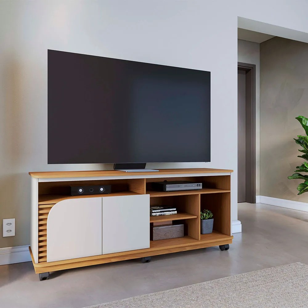 Bancada Tv de 65'' 2 Portas Ewa e Rodízio 150cm C04 - D'Rossi - Freijó e Off White