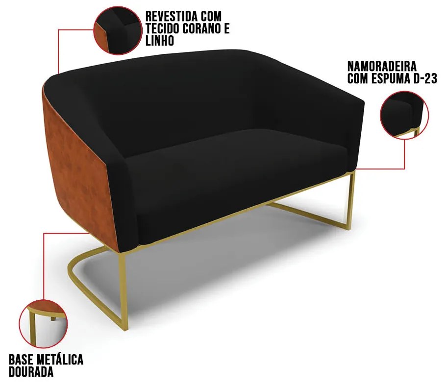 Namoradeira 2 Poltronas Industrial Dourado Stella Noz/Linho Pto D03 - D'Rossi